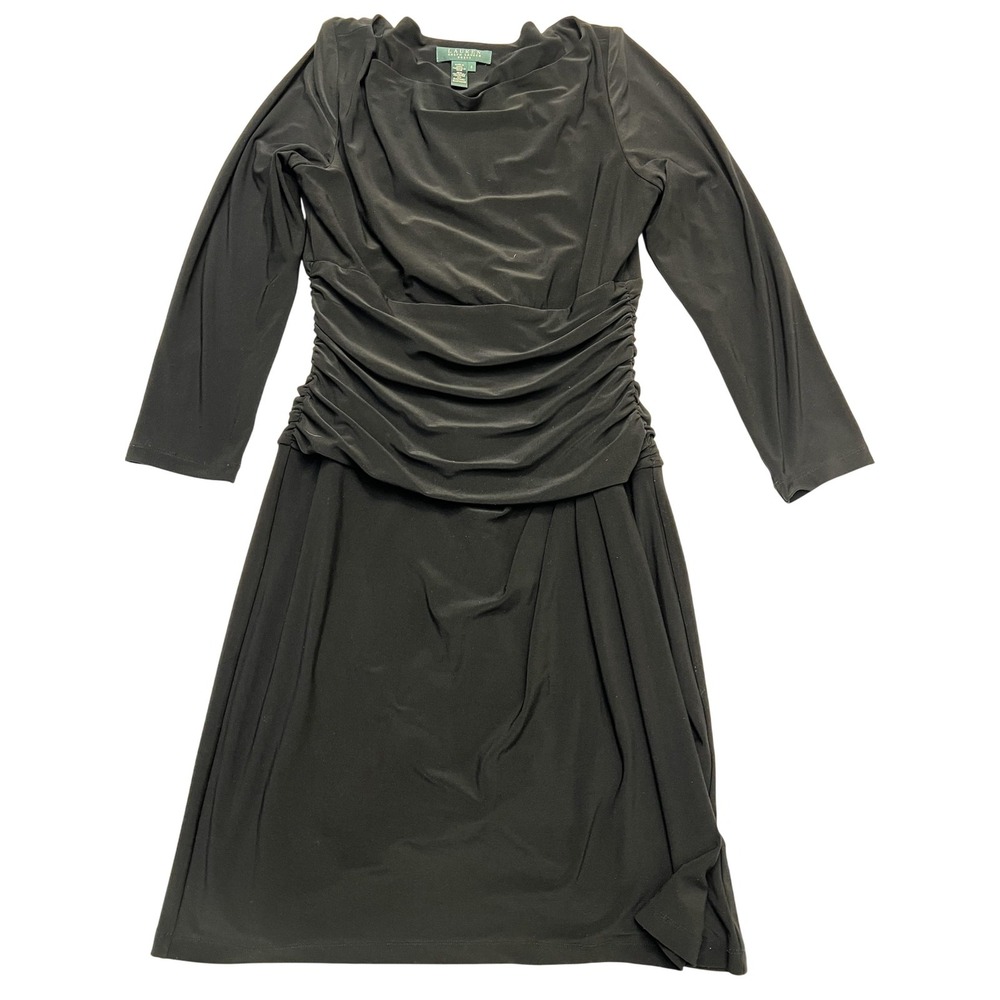 Lauren Ralph Lauren Dress Womens 8 Black Ruched Waist Long Sleeve Cocktail Midi